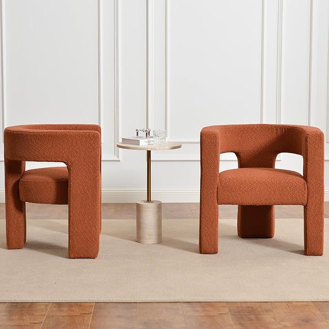 KINWELL 28" W Boucle Accent Chair Armchairs Set of 2, Upholstered Square Open-Back Barrel Chair, No Assembly Side Chair ArmChairs for Living Room Bedroom Lounge (Caramel)