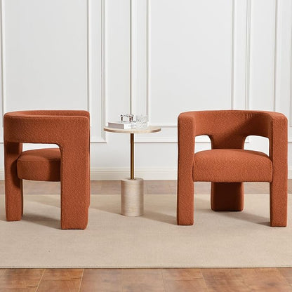 KINWELL 28" W Boucle Accent Chair Armchairs Set of 2, Upholstered Square Open-Back Barrel Chair, No Assembly Side Chair ArmChairs for Living Room Bedroom Lounge (Caramel)