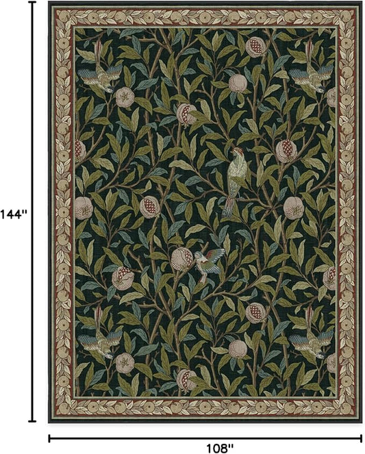 RUGGABLE x Morris & Co Washable Area Rug – Pomegranate Blue Green 9x12, Stain-Resistant, Non-Slip – Large Machine Washable Rugs for Living Room, Bedroom, Hallway, Entryway & Office–with Standard Pad