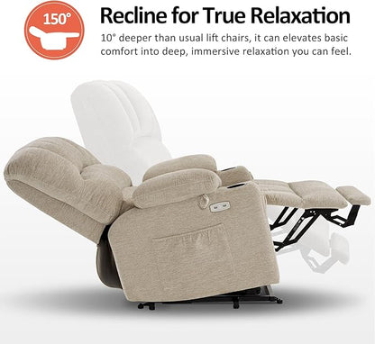 MCombo Power Lift Recliner Chair for Elderly, Lift Chair with Heat and Massage, Extra Wide Lift Recliner for Big People, Fabric R7096 (Medium-Wide, Beige)