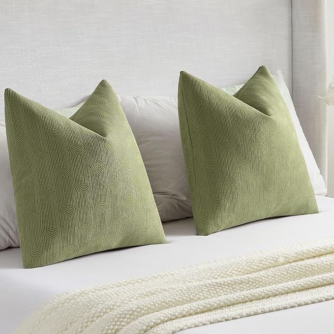 FUTEI Moss Green Chenille Decorative Throw Pillow Covers 16x16 Inch Set of 2,Soft Cozy Striped Geometric Patterns Cushion Case,Modern Home Decor for Couch Bed Living Room