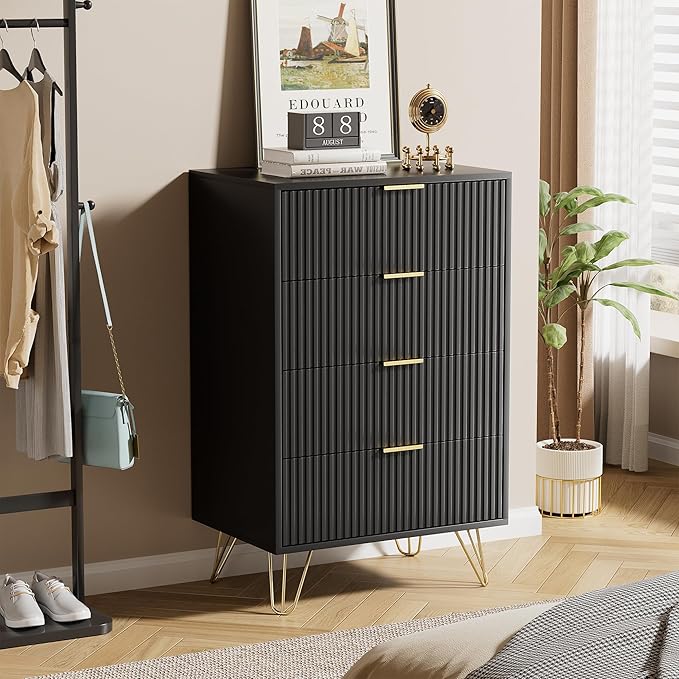 Black Dresser for Bedroom, Modern Wide Dresser with Gold Pulls and 4 Drawers for Bedroom, Closets, 15.7" D x 23.6" W x 37.4" H
