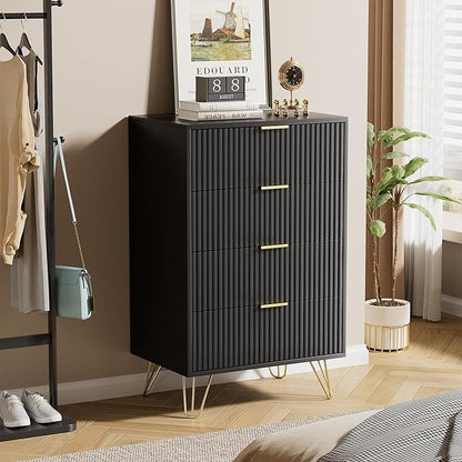 Black Dresser for Bedroom, Modern Wide Dresser with Gold Pulls and 4 Drawers for Bedroom, Closets, 15.7" D x 23.6" W x 37.4" H