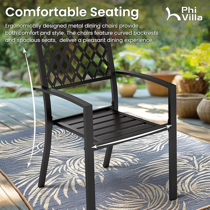PHI VILLA Wrought Iron Patio Dining Chairs, Stackable Black Outdoor Patio Chairs Set of 4, Metal Patio Chairs, Support 300 LBS, Black
