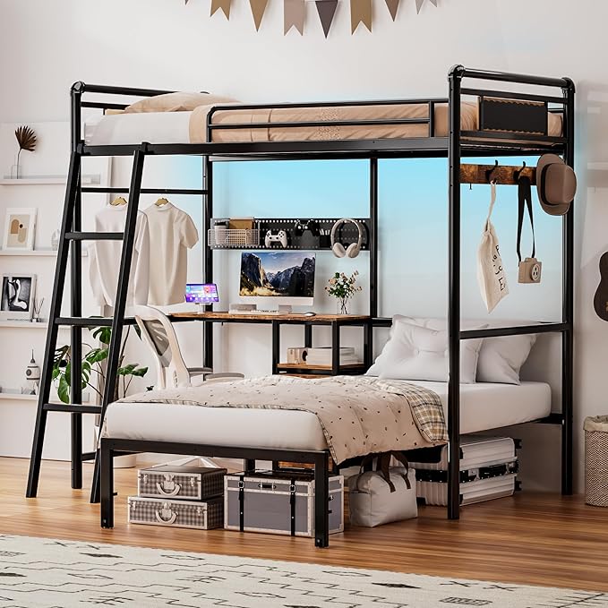 Bunk Bed Twin Over Twin, Industrial Heavy Duty Metal Bed with LED Lights & Charging Sation, bunk beds for Kids, School, Bedroom, Safety Guardrail and Ladder