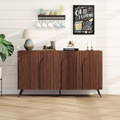 59" Sideboard Buffet Cabinet with Adjustable Shelves, Modern Storage Cabinet with Arched 3D Carved Wood Doors, Credenza Accent Cabinet for Living Room, Dining Room, Entryway,Walnut
