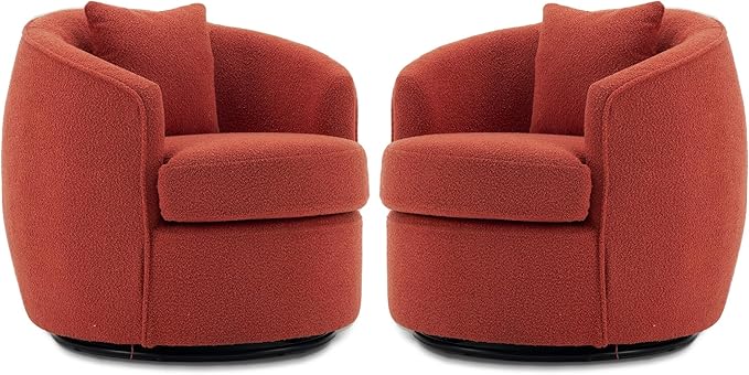 Swivel Accent Chair Set of 2, Modern Upholstered Boucle Barrel Arm Chairs with Pillow for Living Room, 360 Degree Round Swivel Sherpa Armchair with Round Base for Bedroom Club (2, Orange)
