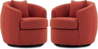 Swivel Accent Chair Set of 2, Modern Upholstered Boucle Barrel Arm Chairs with Pillow for Living Room, 360 Degree Round Swivel Sherpa Armchair with Round Base for Bedroom Club (2, Orange)