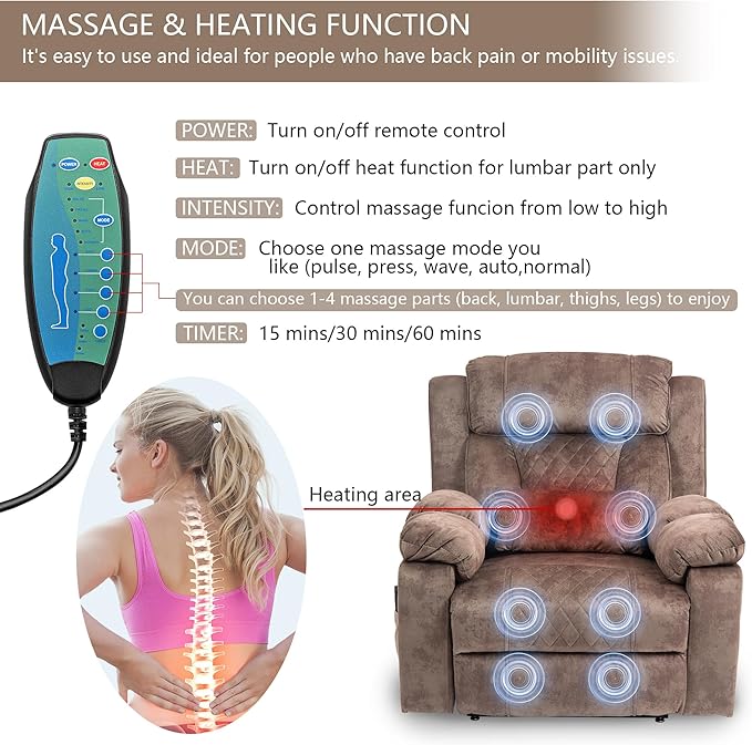 Big Man Power Lay Flat Lift Chair Oversized Recliner Dual Motor Heat Vibration for Elderly, Overstuffed Electric Extra Wide Recliners with Flip Arm Storage Cup Holders,USB Type C Charging