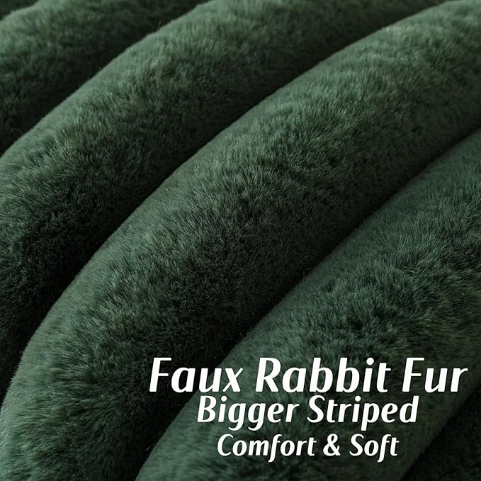 FUTEI Christmas Dark Green Decorative Throw Pillow Covers 24x24 Inch Set of 2, Square Soft Faux Rabbit Fur Thick Striped European Cushion Covers,Winter Home Decor for Couch Bed Living Room