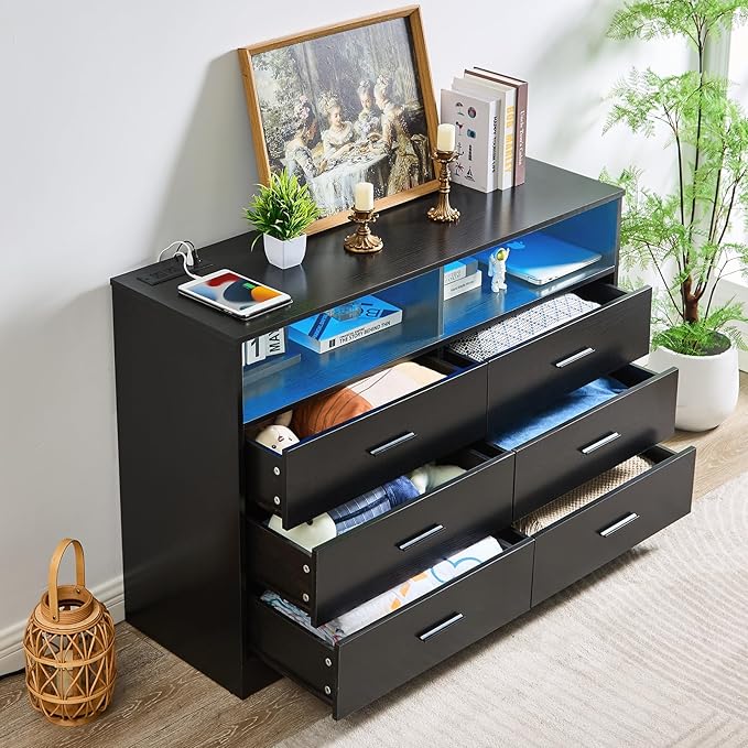 LIDYUK Black Dresser for Bedroom, 6 Drawer Dressers & Chests of Drawers, Modern Wood Dresser with Charging Station and LED Lights, 48 Inches Wide Chest of Drawers for Bedroom, Hallway, Living Room