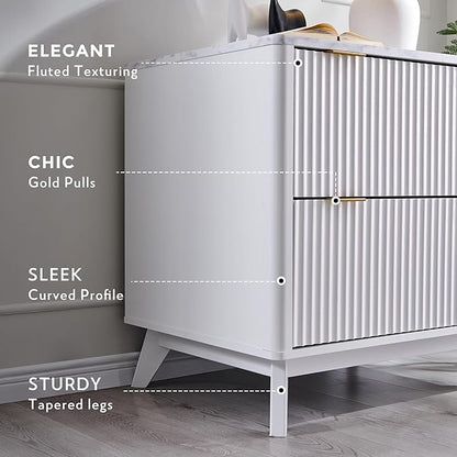 T4TREAM 2 Drawer File Cabinet, 30" Fluted Lateral File Cabinet w/Files Hanging Rod for Letter/Legal/A4, Large Tabletop for Printer, Office Wood Printer Cabinets, White