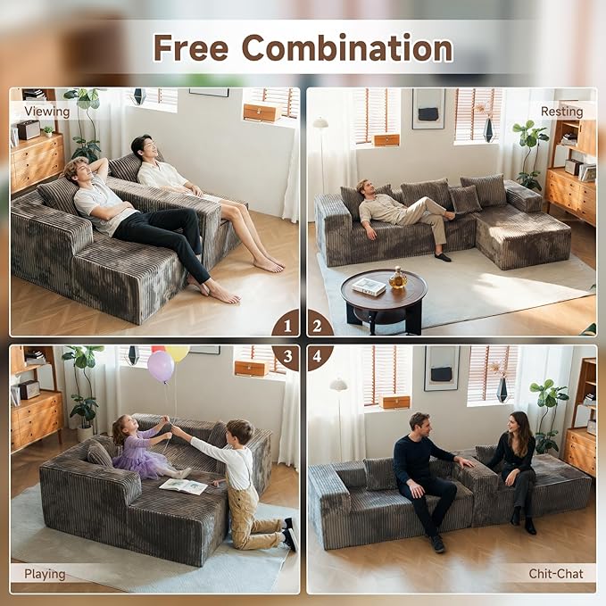 Upgrade 108’’ L Shape Cloud Couch, Plush Corduroy Sectional Sofa with Chaise, Boneless Couches for Living Room Bedroom, No Assembly Required (Khaki, Right Facing Chaise)