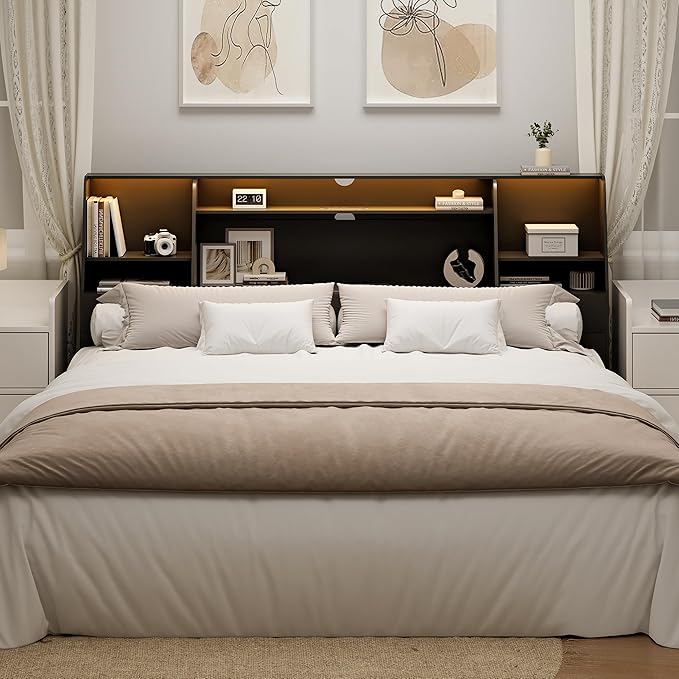 King Size Headboard Only for Bed, Wood Bookcase Headboard with Charging Station & 2 LED Lights, Modern King Bookshelf Headboard with Storage, Noise-Free, Sturdy and Durable, Black