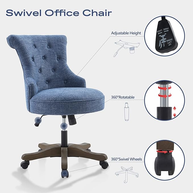 Home Office Chair Adjustable Height Swivel Chair with Wheels Linen Fabric Upholstered Computer Desk Chair with Wooden Legs Comfortable Armless Chair for Home Office Study Studio(Blue)