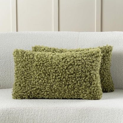 FUTEI Olive Green Decorative Throw Pillow Covers 12x20 Inch Set of 2,Soft Fluffy Faux Wool Fur Boucle Textured Lumbar Pillow Case,Modern Home Decor for Couch Bed Living Room Office
