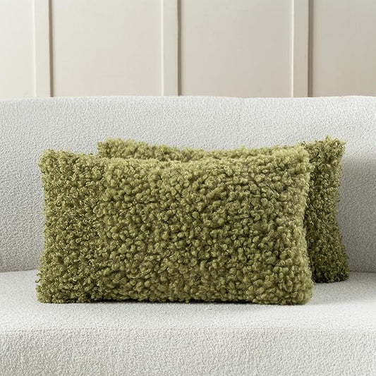 FUTEI Olive Green Decorative Throw Pillow Covers 12x20 Inch Set of 2,Soft Fluffy Faux Wool Fur Boucle Textured Lumbar Pillow Case,Modern Home Decor for Couch Bed Living Room Office