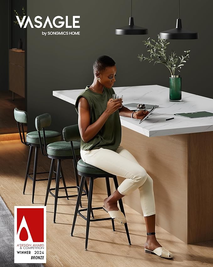 VASAGLE EKHO Collection - Bar Stools Set of 2, Swivel Counter Height Bar Stools with Back, Synthetic Leather with Stitching, Mid-Century Modern, 25.6-Inch Tall Barstools for Kitchen Bar, Forest Green