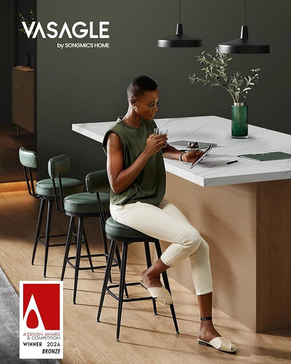 VASAGLE EKHO Collection - Bar Stools Set of 2, Swivel Counter Height Bar Stools with Back, Synthetic Leather with Stitching, Mid-Century Modern, 25.6-Inch Tall Barstools for Kitchen Bar, Forest Green
