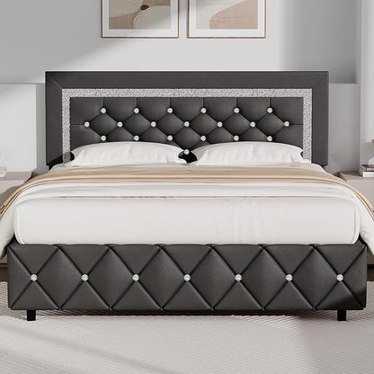 BarnFurin Queen Bed Frame with Diamond Tufted Headboard, Faux Leather Upholstered Bed with Wooden Slats Support, No Box Spring Needed, Mattress Foundation, Easy Assembly, Grey
