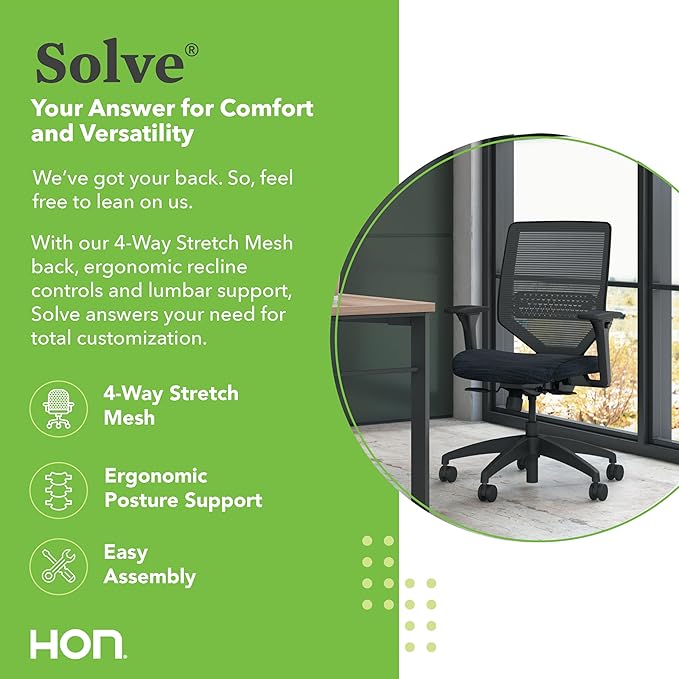 HON Solve Task Chair, Ergonomic Office Chair Mesh Back Support, Adjustable Lumbar Support, with Wheels, Height-Adjustable Arms, for Computers, Desks, Home Office, Black