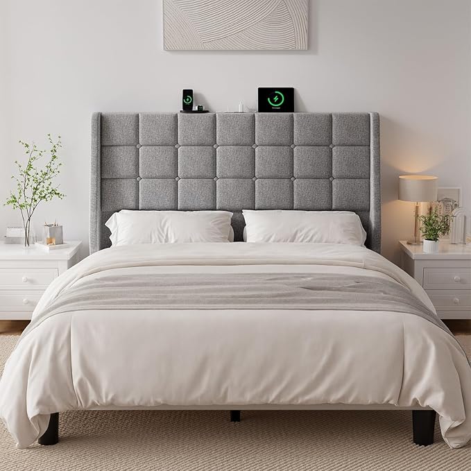 Ergonomic Upholstered Headboard Queen Size w/Charging Station, Linen Wingback Headboards w/Storage Pocket, Queen Headboard Only, Bed Frame Adapters, Sturdy Stable Solid Wood Bed Head Board, Light Grey