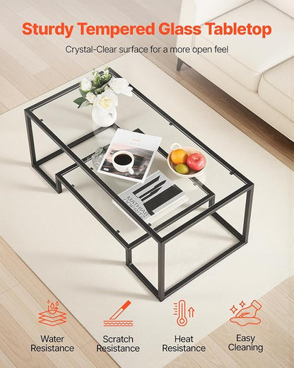 VEVOR Coffee Table, Modern Tempered Glass Coffee Table, 2 Tiers Rectangle Glass Center Desk with Open Storage, Minimalist Sturdy Metal Frame Accent End Desk for Living Room, Office, Easy Assembly