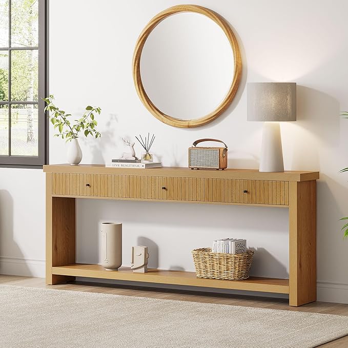 Tribesigns 70.9 inch Extra Long Entryway Table with 3 Drawers, Sofa Console Table with Open Storage Shelves, Oak Color Furniture, Wooden Couch Foyer Tables for Living Room Hallway Entrance
