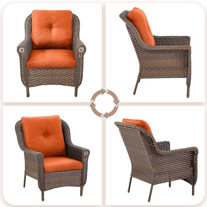 Patio Wicker Chairs Outdoor Furniture Chair - Set of 4 Outside All Weather Lawn Dining Brown Rattan Armchair with High Back&Deep Seating for Deck Porch Balcony Backyard Garden - Orange