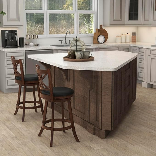 COSTWAY Bar Stool Set of 2 for Kitchen Island, Swivel Upholstered Bar Height Barstools with PU Surface, Rubber Wood Frame, 360° Rotatable Seat, Curved Back, Sturdy Footrest (2, 29" Seat Height)