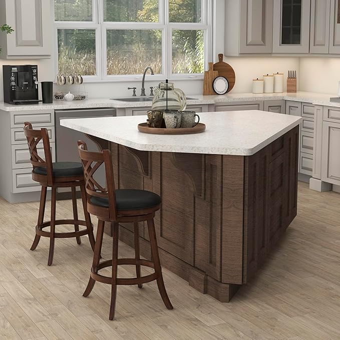 COSTWAY Bar Stool Set of 4 for Kitchen Island, Swivel Upholstered Bar Height Barstools with PU Surface, Rubber Wood Frame, 360° Rotatable Seat, Curved Back, Sturdy Footrest (4, 29" Seat Height)