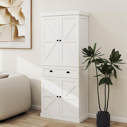 71" Tall Pantry Cabinet with Drawer & 4 Doors, Versatile Storage Cabinet with Adjustable Shelves for Kitchen, Laundry Room, Living Room, Bathroom, White