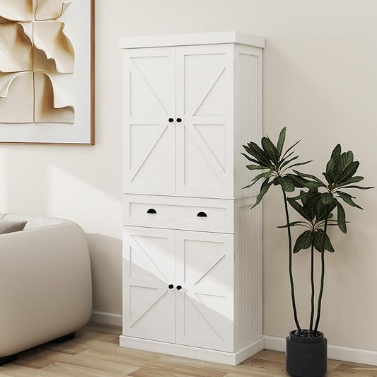 71" Tall Pantry Cabinet with Drawer & 4 Doors, Versatile Storage Cabinet with Adjustable Shelves for Kitchen, Laundry Room, Living Room, Bathroom, White