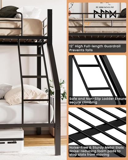 Twin XL Over Queen Bunk Bed, Heavy Duty Bunk Bed with EVA Padded Ladder and Full-Length Guardrails, Metal Queen Bed Frame with Slats Support for Adults, Teens, Kids, Black