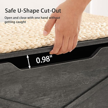 VECELO 43.3" Storage Bench, Entryway Shoe Ottoman, Farmhouse Style Bench with Handwoven Cushion and Metal Safety Hinges, for Bedroom, Living Room, Entryway, Gray