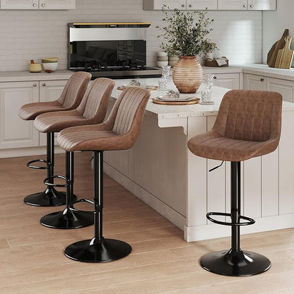 Youhauchair Bar Stools Set of 2, Swivel Counter Height Barstools with Back, Adjustable PU Leather Bar Chairs, Modern Armless Kitchen Island Stool, Light Brown