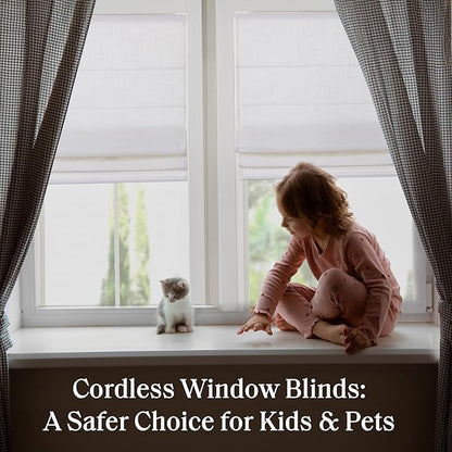 Madison Park Kyler Cordless Roman Shades - Single Panel, Lightweight Linen Blend Fabric, Natural Design, Easy Installation, Light Filtering Window Blind, Bedroom, Living Room Decor 29"W x 64"H White