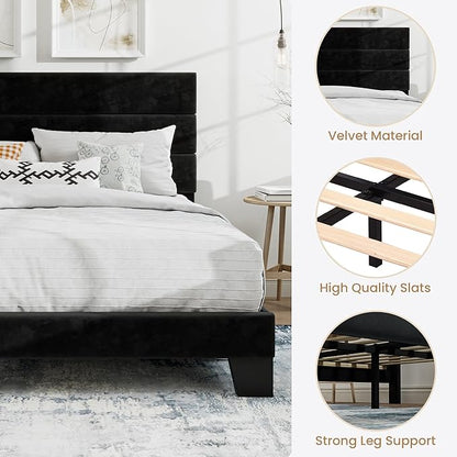 SHA CERLIN Queen Platform Bed Frame with Velvet Upholstered Headboard, Mattress Foundation with Strong Wooden Slats Support, No Box Spring Needed, Black