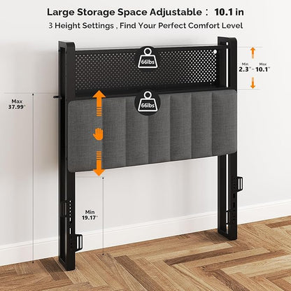 VINGLI Twin or Twin XL Size Headboard, Adjustable Upholstered Headboard with 2 Tier Shelves and Pegboard with Charging Stations and LED Lights, Modern Bed Headboard with Storage for Bedroom Decor
