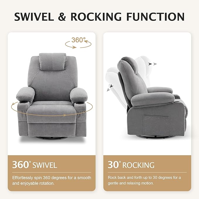 Oversized Swivel Rocker Recliner Sofa Chair with Heat and Massage, Large Big Recliner for Living Room, 360 Degree Swivel Rocking Single Sofa with Cup Holders and USB Port(Fabric, Cloud Grey)
