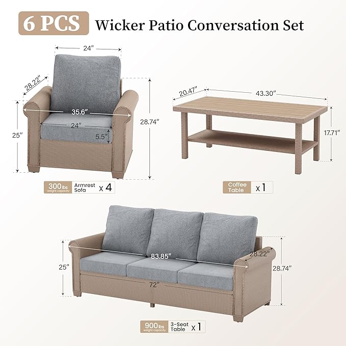Patio Furniture Set 6 pcs, Wicker Rattan Outdoor Furniture with 5.5” Thick Cushions, 3-Seat Sofa, 4 Chairs and Coffee Table, Outdoor Conversation Set for Garden Backyard Deck, 7 Seats Grey