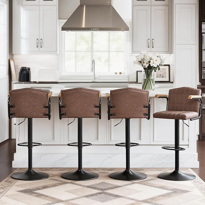 VECELO Bar Stools Set of 2, Adjustable Upholstered Swivel Barstools, Modern Counter Height Bar Stools with Back and Footrest, Island Chairs for Kitchen, Dining Room, Bar