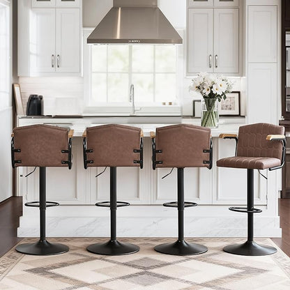 VECELO Bar Stools Set of 2, Adjustable Upholstered Swivel Barstools, Modern Counter Height Bar Stools with Back and Footrest, Island Chairs for Kitchen, Dining Room, Bar