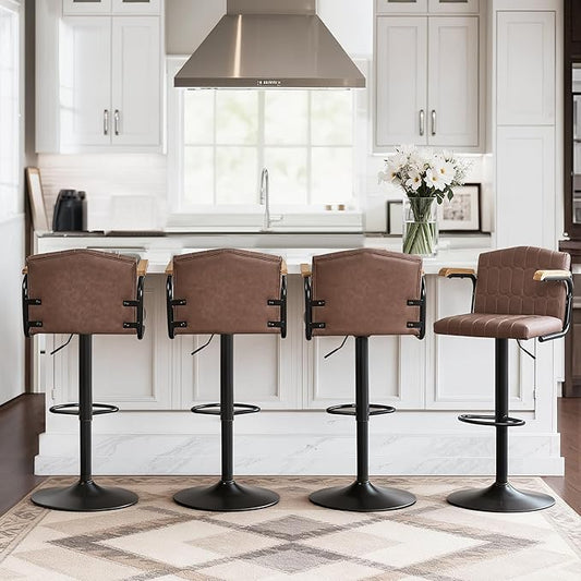 VECELO Bar Stools Set of 4, Adjustable Upholstered Swivel Barstools, Modern Counter Height Bar Stools with Back and Footrest, Island Chairs for Kitchen, Dining Room, Bar