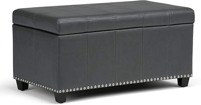 SIMPLIHOME Amelia 33 inch Wide Transitional Rectangle Storage Ottoman Bench in Stone Grey Vegan Faux Leather, Assembled, For the Living Room, Entryway and Family Room
