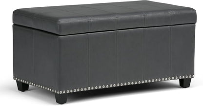 SIMPLIHOME Amelia 33 inch Wide Transitional Rectangle Storage Ottoman Bench in Stone Grey Vegan Faux Leather, Assembled, For the Living Room, Entryway and Family Room