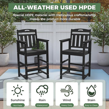 Outdoor Patio Bar Height Chair, All-Weather HDPE Tall Balcony Adirondack Stools for Bistro, Garden, Backyard, Deck | Matte Black