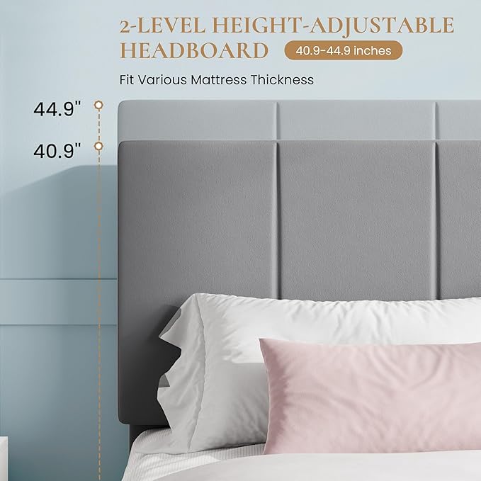 SHA CERLIN King Size Bed Frame, Velvet Upholstered Platform Bed, Vertical Channel Tufted Adjustable Headboard, Low Profile Bed Frame, No Box Spring Needed, Easy Assembly, Grey