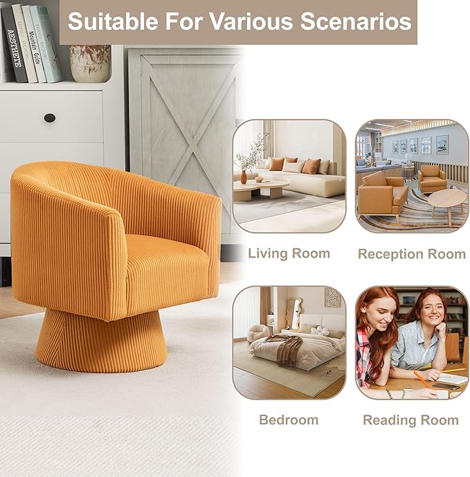 Swivel Accent Chair, Modern 360° Swivel Barrel Chair, Corduroy Upholstered Single Sofa for Living Room, Bedroom(Mustard)