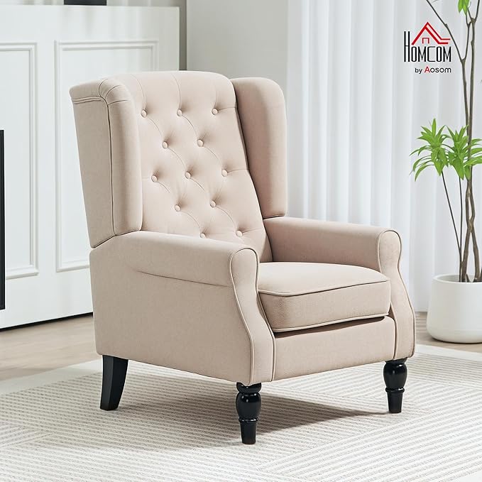 HOMCOM Mid-Century Modern Accent Chair, High Wingback Chair, Button-Tufted Upholstered Fabric Armchair with Retro Wood Legs for Living Room, Bedroom, Beige